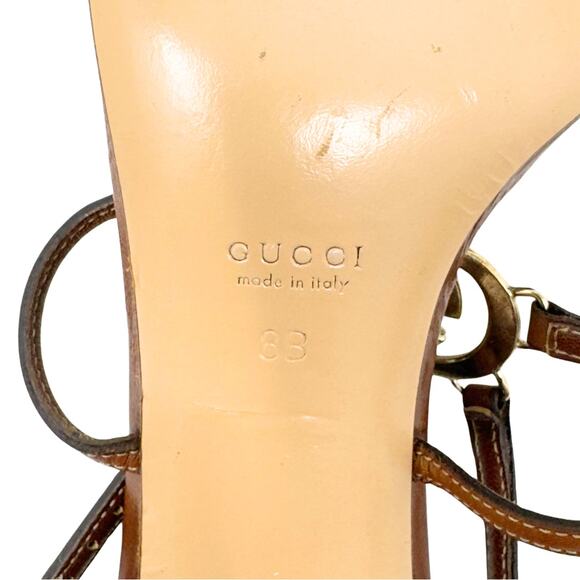 Gucci GG Logo White Gold Cognac Tan Brown Leather Strappy Heels Sandals US 8 - Picture 9 of 10